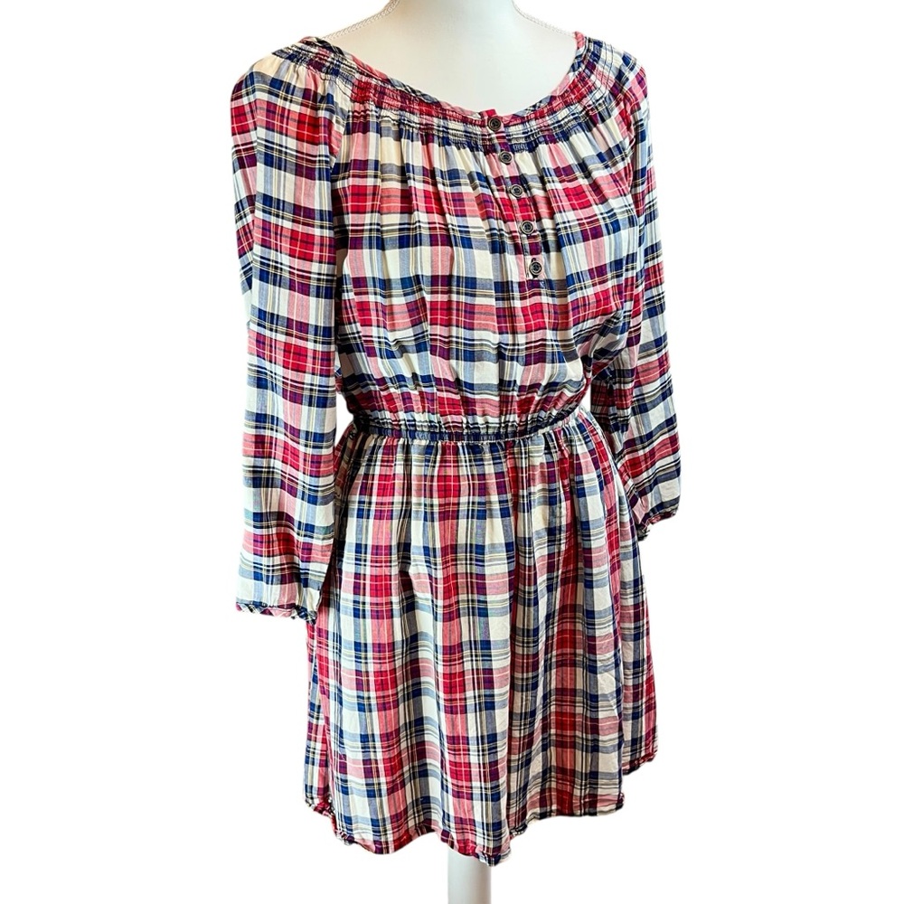 FOREVER 21 Red White Blue Plaid Cotton Dress Sz L Long Sleeve Coastal Preppy USA - Picture 2 of 11